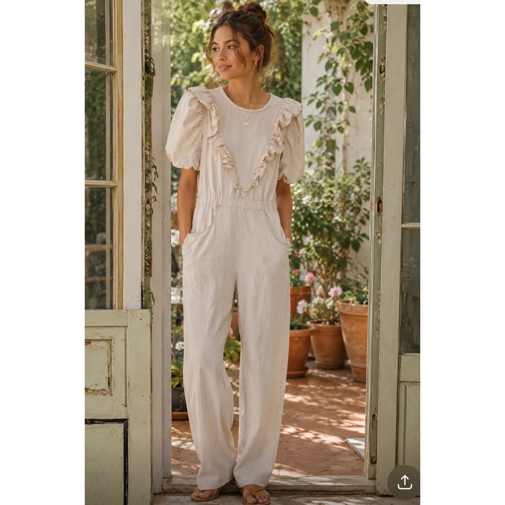 Anthropologie+Jacquie the Label Cream Denim Ruffle Puff Sleeve Jumpsuit Large